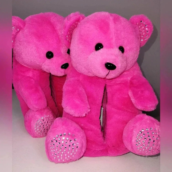 Shoes - Pink Plush Fluffy Sparkle Teddy Bear Slippers Shoes Fashion Footwear Women Girls
